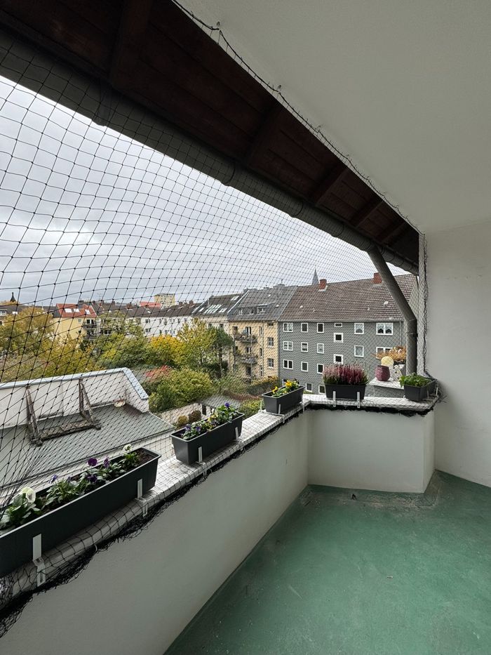 Fachgerecht montiertes Katzennetz zur Sicherung eines Balkons.